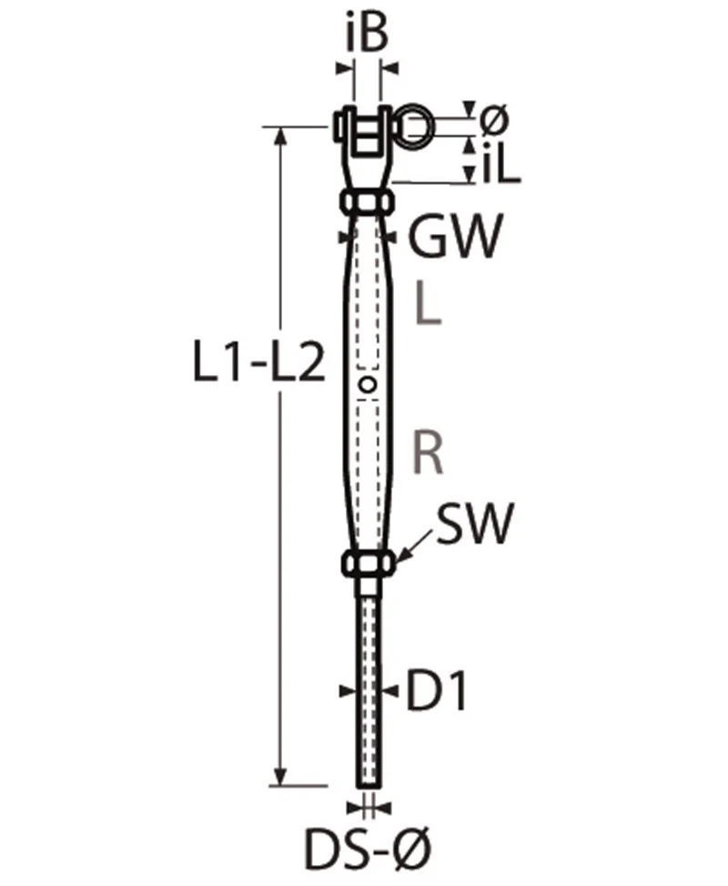 Marinetech Wantspanner M6 met Walsterminal en Gaffel, gedraaid, touw 3mm - Image 2
